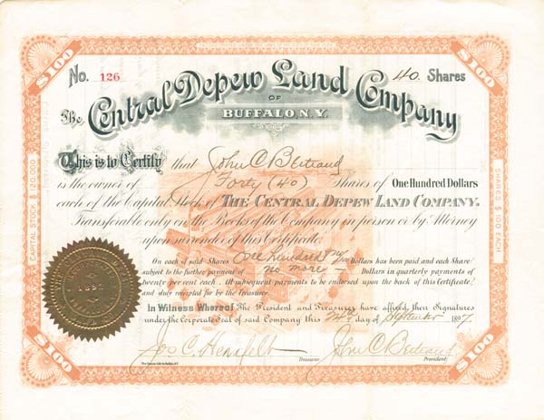 Central Depew Land Co. of Buffalo, N.Y. - Stock Certificate